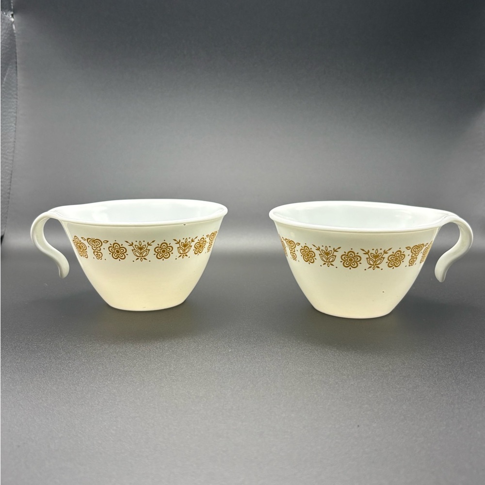 Set of 2 Vintage Pyrex Corning Corelle Butterfly Gold Coffee Teacups Milk Glass